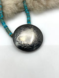 18" Handmade Turquoise Heishi Bead Necklace with Sterling Silver Stamped Pillow Bead by Maryetta Daukei Kellywood, Navajo