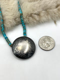 18" Handmade Turquoise Heishi Bead Necklace with Sterling Silver Stamped Pillow Bead by Maryetta Daukei Kellywood, Navajo