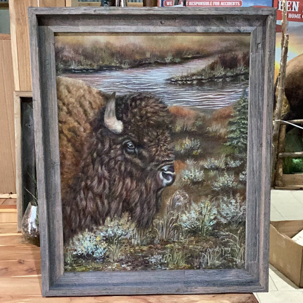 Buffalo Head by Stream Original Oil Paint by Christy Gray